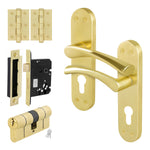 Nola Satin Brass Lever on Backplate Door Handle Kit - 80mm Euro Sashlock and Double Cylinder - Keyed to Differ - tradefit - 1