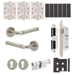 Santana Satin Nickel Lever on Rose Door Handle Kit - Heavy Duty FD30/60 - DIN Euro Sashlock and Thumbturn Cylinder - Keyed Alike - tradefit