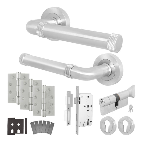 Santana Satin Nickel Lever on Rose Door Handle Kit - Heavy Duty FD30/60 - DIN Euro Sashlock and Thumbturn Cylinder - Keyed to Differ - tradefit - Featured Image