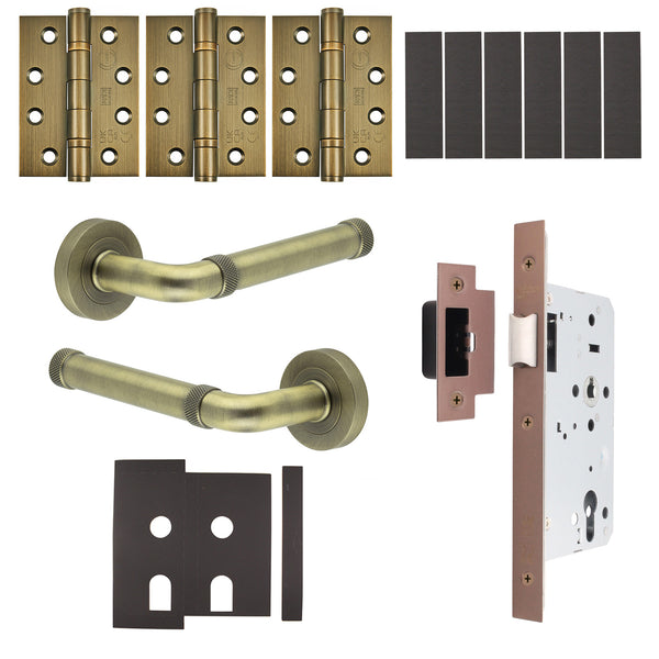 Santana Antique Brass Lever on Rose Door Handle Kit - Heavy Duty FD30/60 - DIN Latch - tradefit - Featured Image