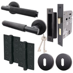 Dinis Knurled Matt Black Lever on Rose Door Handle Pack - 80mm Sashlock - tradefit - 1