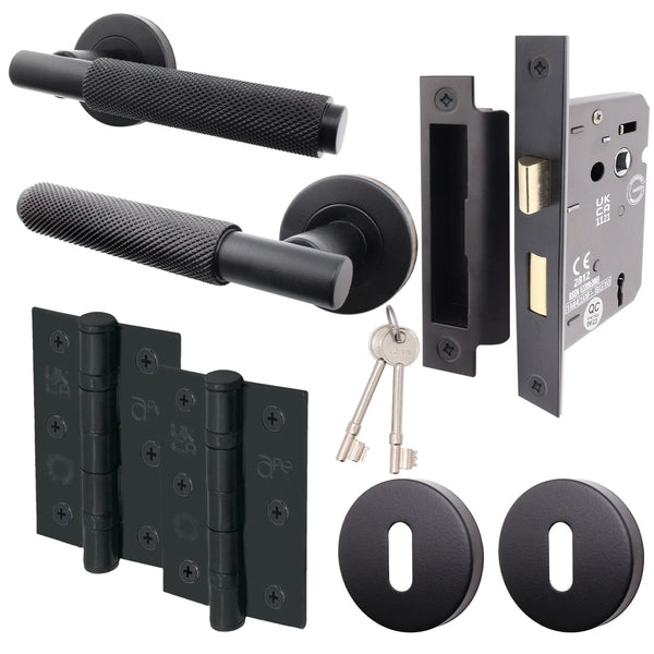 Dinis Knurled Matt Black Lever on Rose Door Handle Pack - 80mm Sashlock - tradefit - Featured Image