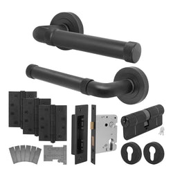 Santana Matt Black Lever on Rose Door Handle Kit - Medium Duty FD30/60 - 80mm Euro Sashlock and Double Cylinder - Keyed to Differ - tradefit