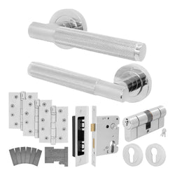 Dumont Polished Chrome Lever on Rose Door Handle Kit - Medium Duty FD30/60 - 80mm Euro Sashlock and Double Cylinder - Master Keyed