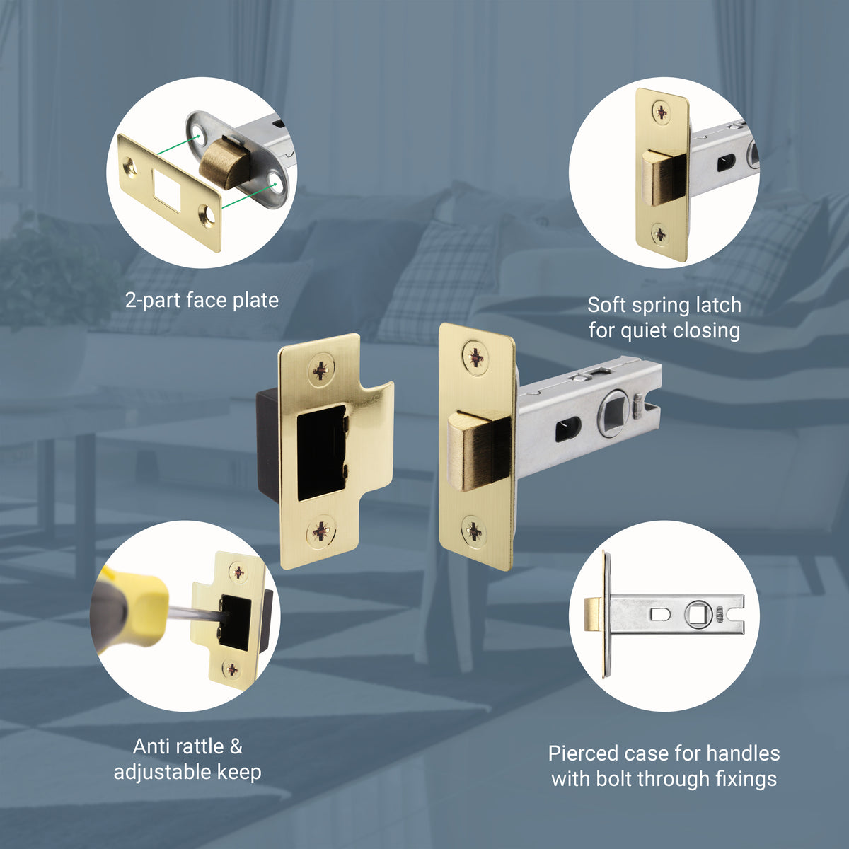 2.5 inch/64mm Tubular Latch Bolt Through - 44mm Backset - Satin Brass - tradefit