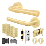 Santana Satin Brass Lever on Rose Door Handle Kit - Heavy Duty FD30/60 - DIN Euro Sashlock and Double Cylinder - Master Keyed - tradefit - 1
