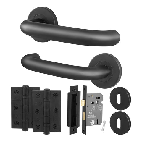 Return to Door Lever on Rose Matt Black Door Handle Kit - Medium Duty - 64mm Sashlock