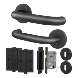 Return to Door Lever on Rose Matt Black Door Handle Kit - Medium Duty - 64mm Sashlock