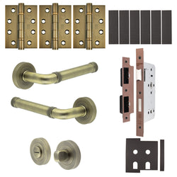Santana Antique Brass Lever on Rose Door Handle Kit - Heavy Duty FD30/60 - DIN Bathroom Lock - tradefit