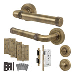 Santana Antique Brass Lever on Rose Door Handle Kit - Heavy Duty FD30/60 - DIN Bathroom Lock - tradefit - 1