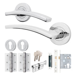 Euroda - Plus Polished Chrome Lever on Rose Door Handle Pack - 3 Lever Lock & Thumbturn Cylinder - tradefit
