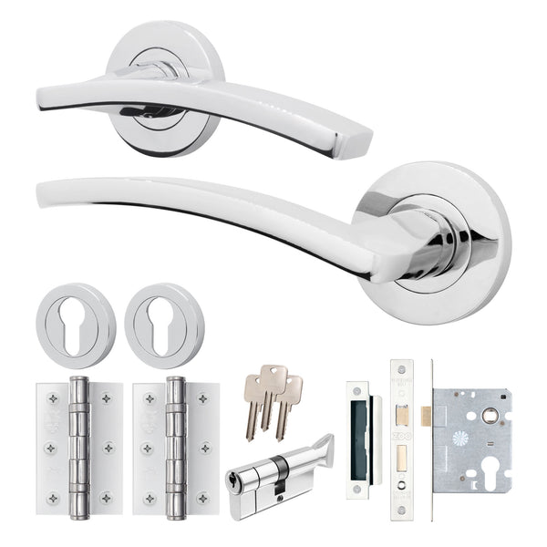 Euroda - Plus Polished Chrome Lever on Rose Door Handle Pack - 3 Lever Lock & Thumbturn Cylinder - tradefit - Featured Image