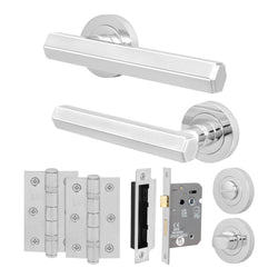 Moreno Polished Chrome Lever on Rose Door Handle Kit - 64mm Bathroom Lock - tradefit