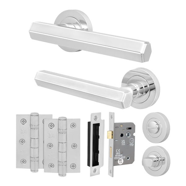 Moreno Polished Chrome Lever on Rose Door Handle Kit - 64mm Bathroom Lock - tradefit - Featured Image