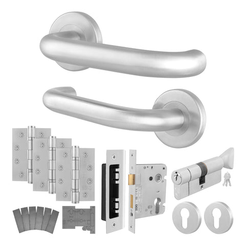 Return to Door Lever Stainless Steel Handle Kit - Medium Duty FD30/60 - 80mm Euro Lock, Thumbturn Cylinder - Keyed to Differ - tradefit