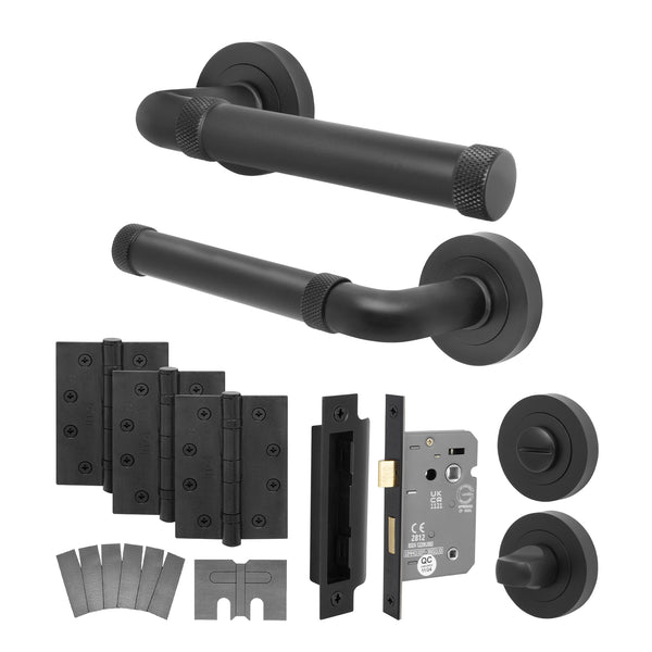Santana Matt Black Lever on Rose Door Handle Kit - Medium Duty FD30/60 - 80mm Bathroom Lock - tradefit - Featured Image