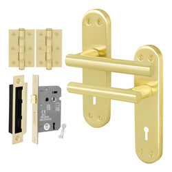 Olbia Satin Brass Lever on Backplate Door Handle Pack – 64mm Sashlock - tradefit