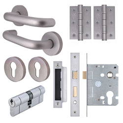 Satin Aluminium Return to Door Handle on Rose Pack - Euro Sashlock and Double Cylinder - tradefit