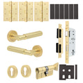 Flores Satin Brass Lever on Rose Door Handle Kit - Heavy Duty FD30/60 - DIN Euro Sashlock and Thumbturn Cylinder - Master Keyed