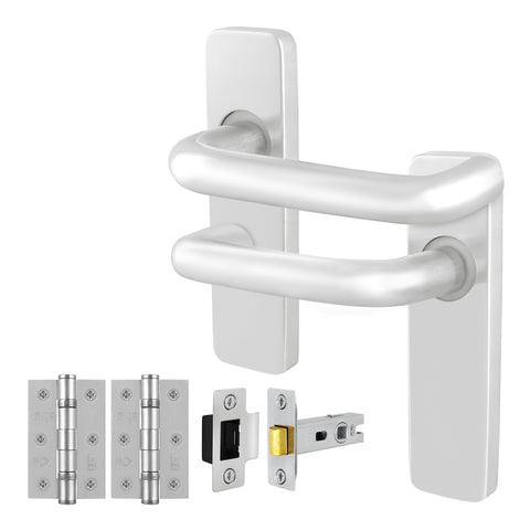Return to Door Lever on Backplate Satin Aluminium Door Handle Kit - Medium Duty - 64mm Latch - tradefit
