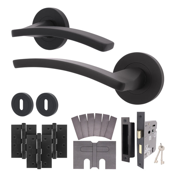 Euroda - Plus Black Lever on Rose Fire Door Handle Pack - 3 Lever Lock - FD30/60 - tradefit - Featured Image