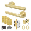 Dumont Satin Brass Lever on Rose Door Handle Kit - Heavy Duty FD30/60 - DIN Euro Sashlock and Double Cylinder - Keyed Alike