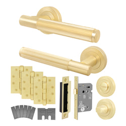 Aurora Satin Brass Lever on Rose Door Handle Kit - Medium Duty FD30/60 - 80mm Bathroom Lock