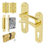 Nola Brass Plated Lever on Backplate Door Handle Kit - 80mm Euro Sashlock and Double Cylinder - Keyed Alike - tradefit - 1