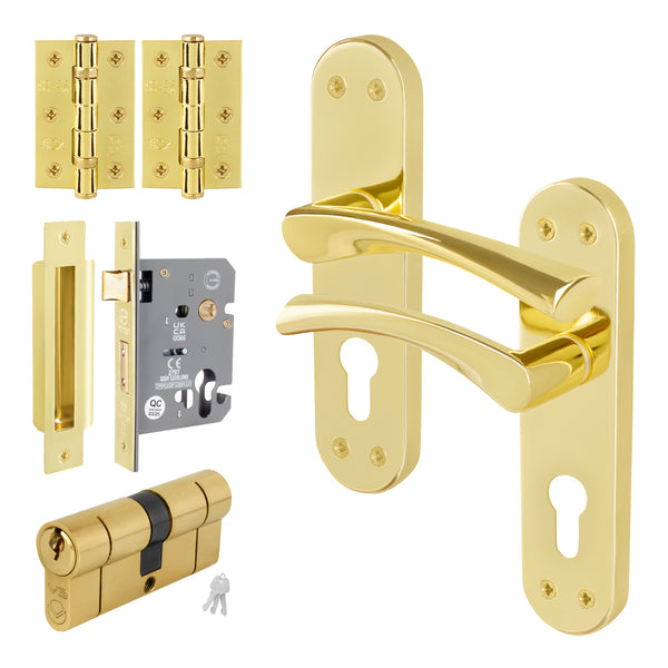 Nola Brass Plated Lever on Backplate Door Handle Kit - 80mm Euro Sashlock and Double Cylinder - Keyed Alike - tradefit - Featured Image