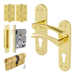 Nola Brass Plated Lever on Backplate Door Handle Kit - 80mm Euro Sashlock and Double Cylinder - Master Keyed - tradefit