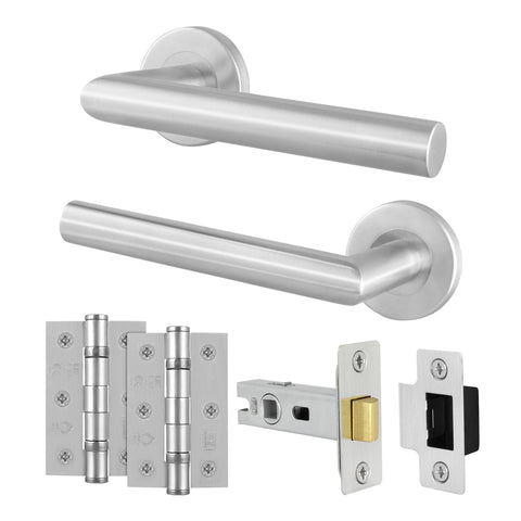 Mitre Lever on Rose Stainless Steel Door Handle Kit - Medium Duty - 64mm Latch - tradefit
