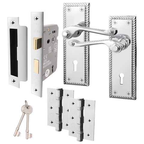 Georgian Rope Edge Scroll Polished Chrome Door Handle Pack - 64mm Sashlock - tradefit
