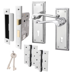 Georgian Rope Edge Scroll Polished Chrome Door Handle Pack - 64mm Sashlock - tradefit