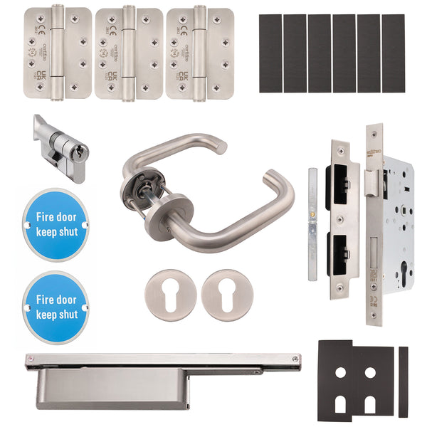 Fire Door Kit - HMO Apartment Entrance Kit - Severe Duty - Keyed Differ - Satin Stainless Steel - tradefit - Featured Image