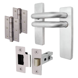 Round Bar 19mm Safety Return To Door Lever Latch Pack - 175 x 44mm - 66mm Latch x 75mm Hinges - Satin Stainless - tradefit