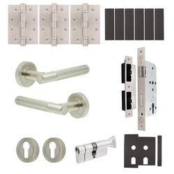 Aurora Satin Nickel Lever on Rose Door Handle Kit - Heavy Duty FD30/60 - DIN Euro Sashlock and Thumbturn Cylinder - Master Keyed - tradefit