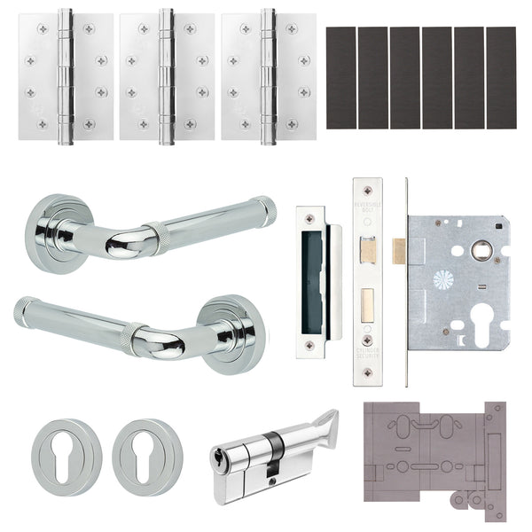 Santana Polished Chrome Lever on Rose Door Handle Kit - Medium Duty FD30/60 - 80mm Euro Sashlock and Thumbturn Cylinder - Keyed to Differ - tradefit - Featured Image