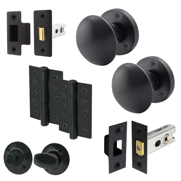 Victorian Black Mortice Door Knob Kit - 76mm Bathroom Deadbolt & 76mm Hinges - tradefit - Featured Image