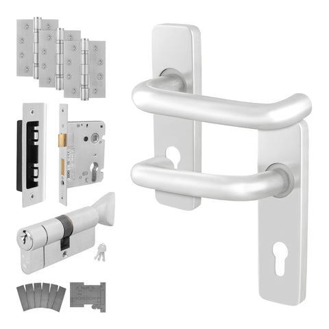 Return to Door Lever on Backplate Satin Aluminium Door Handle Kit - Medium Duty FD30/60 - 80mm Euro Sashlock and Thumbturn Cylinder - Master Keyed - tradefit
