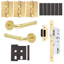 Santana Satin Brass Lever on Rose Door Handle Kit - Heavy Duty FD30/60 - DIN Latch - tradefit