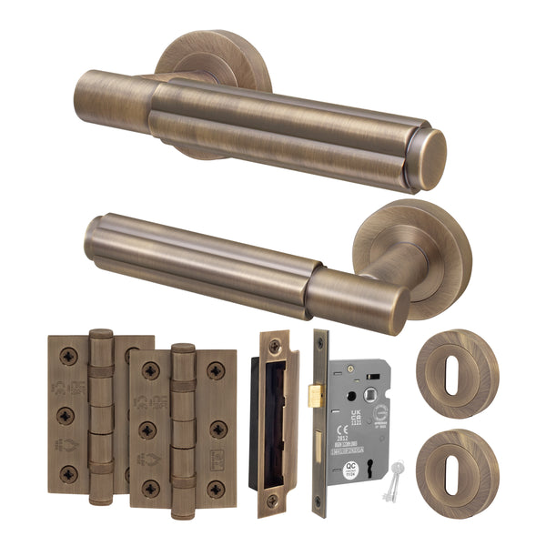 Flores Antique Brass Lever on Rose Door Handle Kit - Sashlock - tradefit - Featured Image