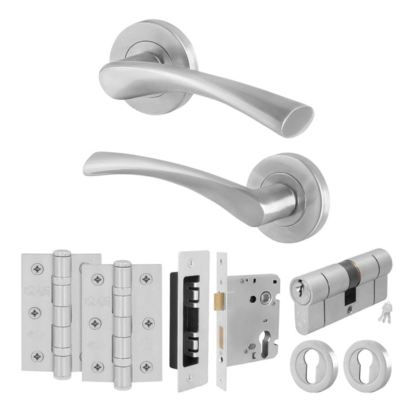 Nola Satin Nickel Lever on Rose Door Handle Kit - 80mm Euro Sashlock and Double Cylinder - Keyed to Differ - tradefit - Featured Image