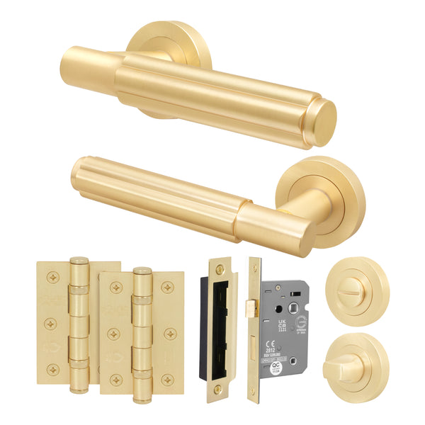 Flores Satin Brass Lever on Rose Door Handle Kit - 64mm Bathroom Lock - tradefit - Featured Image
