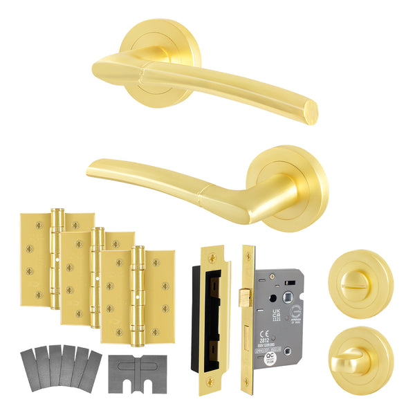 Bosa Satin Brass Lever on Rose Door Handle Kit - Standard Duty FD30/60 - 80mm Bathroom Lock - tradefit - Featured Image