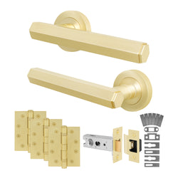 Moreno Satin Brass Lever on Rose Door Handle Kit - Medium Duty FD30/60 - 76mm Latch - tradefit