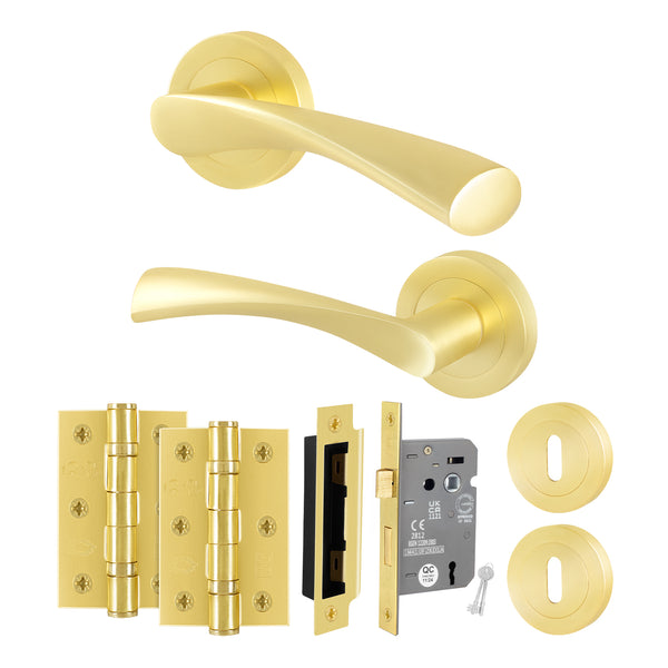 Nola Satin Brass Lever on Rose Door Handle Pack - 80mm Sashlock - tradefit - Featured Image