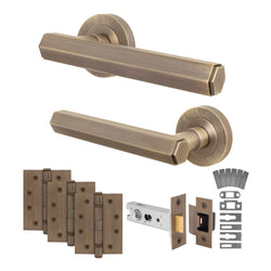 Moreno Antique Brass Lever on Rose Door Handle Kit - Medium Duty FD30/60 - 76mm Latch - tradefit