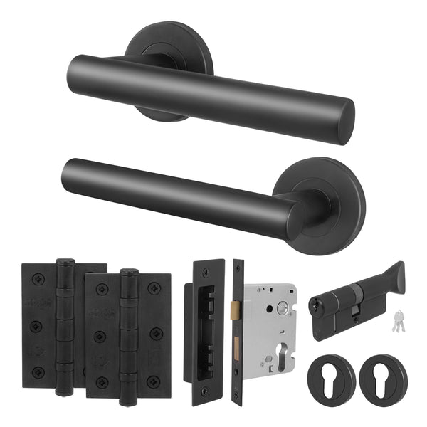 Vigo Lever on Rose Matt Black Door Handle Kit - Medium Duty - 80mm Euro Sashlock and Thumbturn Cylinder - Keyed to Differ - tradefit - Featured Image