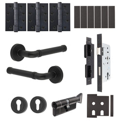 Santana Matt Black Lever on Rose Door Handle Kit - Heavy Duty FD30/60 - DIN Euro Sashlock and Thumbturn Cylinder - Keyed to Differ - tradefit