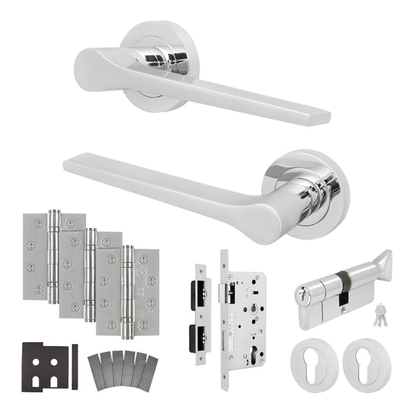 Tapera Polished Chrome Lever on Rose Door Handle Kit - Heavy Duty FD30/60 - DIN Euro Sashlock and Thumbturn Cylinder - Keyed to Differ - tradefit - Featured Image